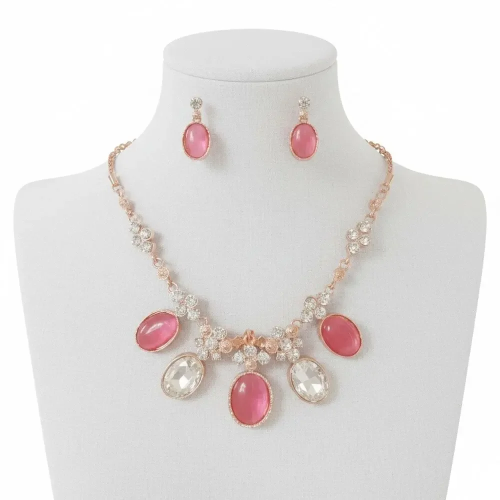 Pink Crystal Statement Necklace Set Rose Gold Tone Matching Earrings